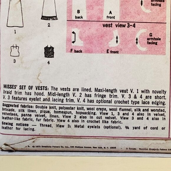 1970s Set of Vests with Hood Sewing Pattern Simplicity 9126 NO ENVELOPE Size 12 - Picture 4 of 7